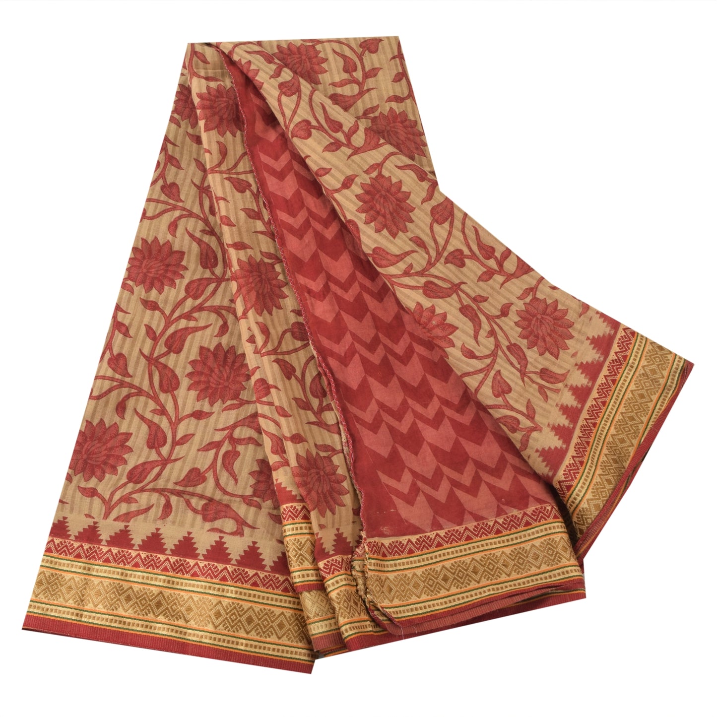 Sanskriti Vintage Sarees Indian Ivory/Red Pure Cotton Printed Sari Craft Fabric