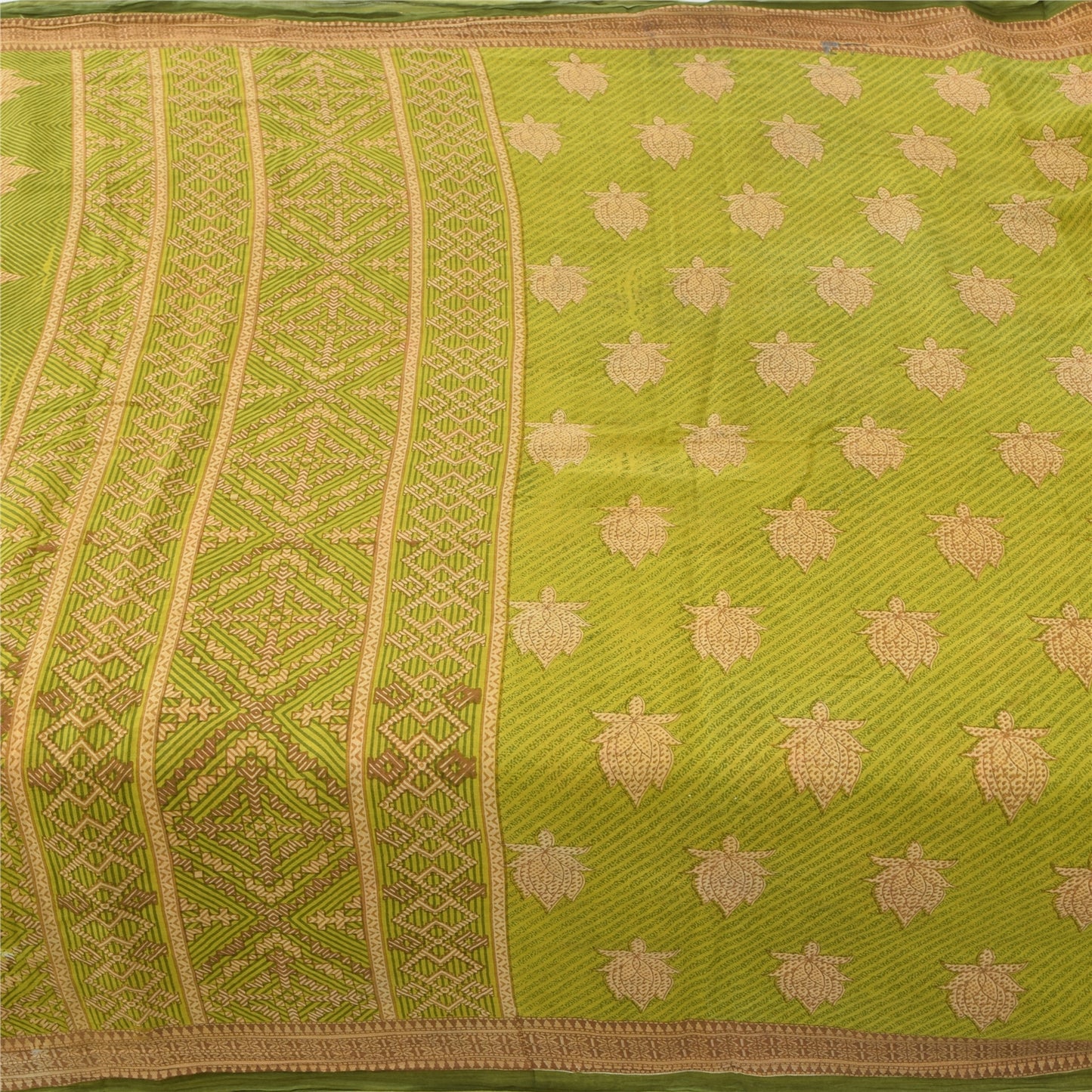 Sanskriti Vintage Sarees Green/Brown Pure Cotton Printed Sari 5yd Craft Sustainable Fabric