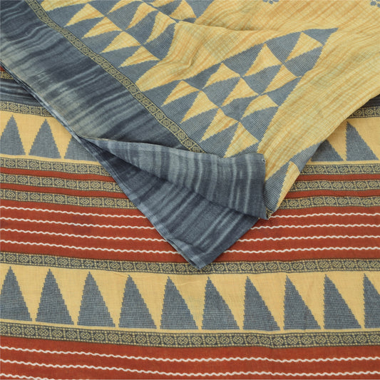 Sanskriti Vintage Sarees Pale Yellow Pure Cotton Printed Sari 5yd Craft Sustainable Fabric