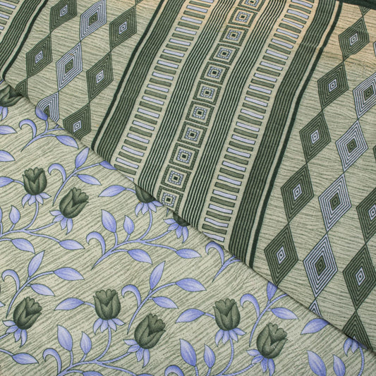 Sanskriti Vintage Saree Gray 100% Pure Cotton Floral Geometric Printed Sari Fabric 5+Yd