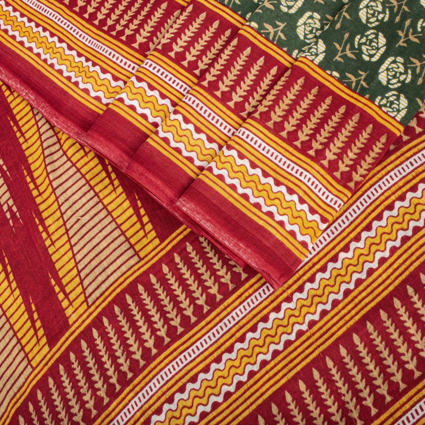 Sanskriti Vintage Saree Green-Red Pure Cotton Floral Print Craft Fabric 5YD Sari