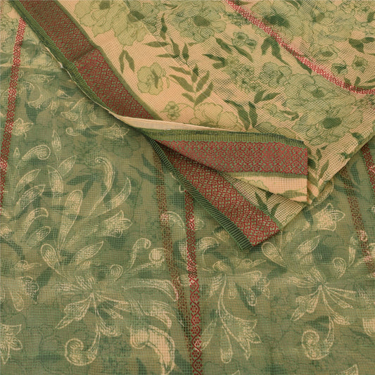 Sanskriti Vintage Sarees Cream/Green Kota Woven Pure Cotton Printed Sari Sustainable Fabric