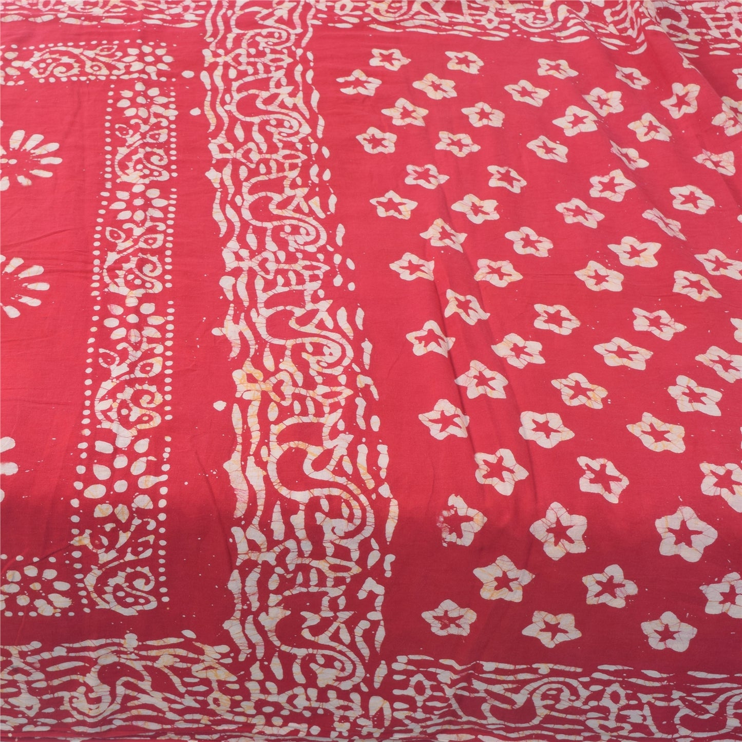 Sanskriti Vintage Sarees Red Floral Batik Work 100% Pure Cotton Sari 5yd Fabric