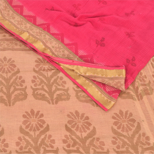 Sanskriti Vintage Sarees Hot-Pink/Brown Pure Cotton Print Sari 5yd Craft Sustainable Fabric