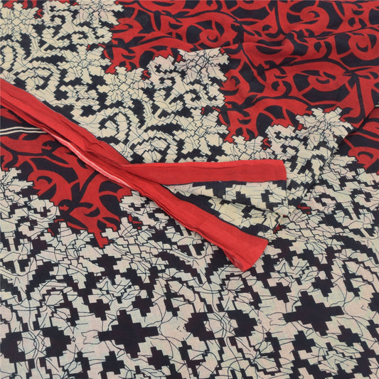 Sanskriti Vintage Sarees Red/Black Pure Cotton Printed Sari 5yd Craft Sustainable Fabric