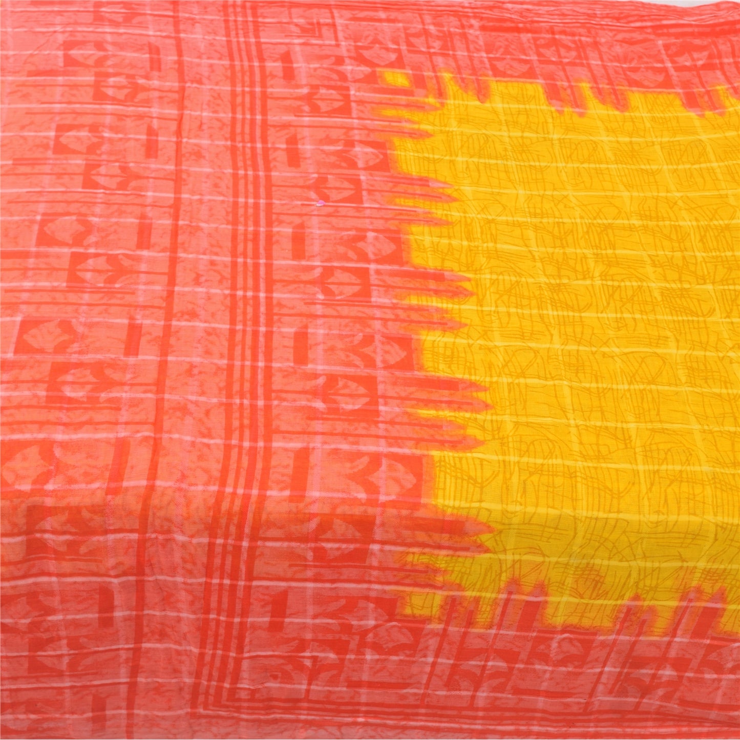 Sanskriti Vintage Sarees Yellow/Red Pure Cotton Printed Sari 5yd Craft Sustainable Fabric