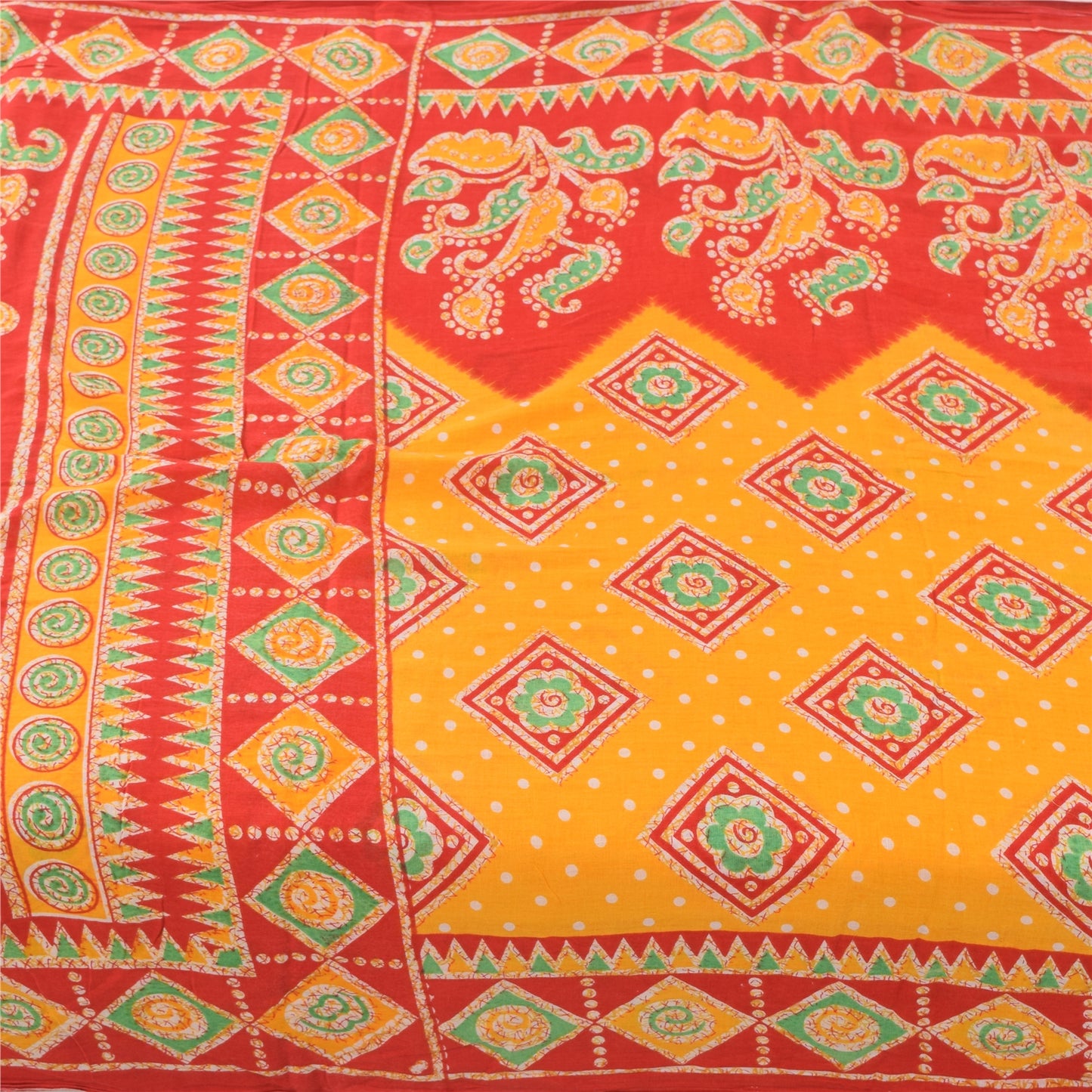 Sanskriti Vintage Sarees Yellow/Red Pure Cotton Printed Sari 5yd Craft Sustainable Fabric