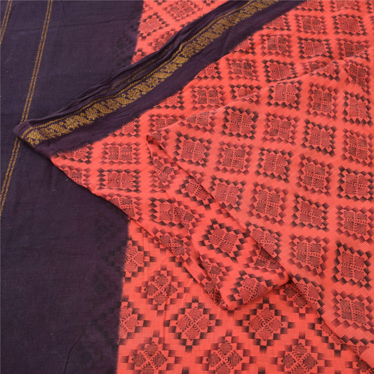 Sanskriti Vintage Sarees Peach/Purple Zari Woven Print Pure Cotton Sari Sustainable Fabric