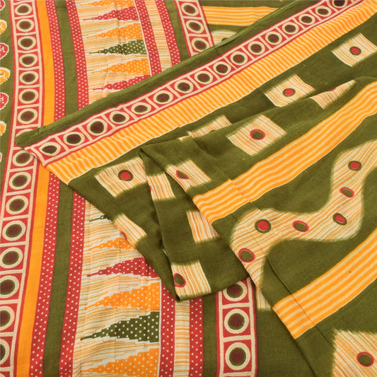 Sanskriti Vintage Sarees Indian Green Pure Cotton Printed Sari 5yd Craft Sustainable Fabric