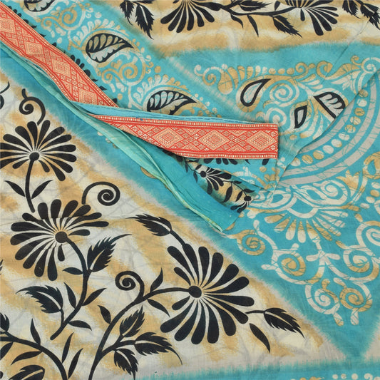 Sanskriti Vintage Sarees Indian Blue Pure Cotton Printed Sari 5yd Craft Sustainable Fabric