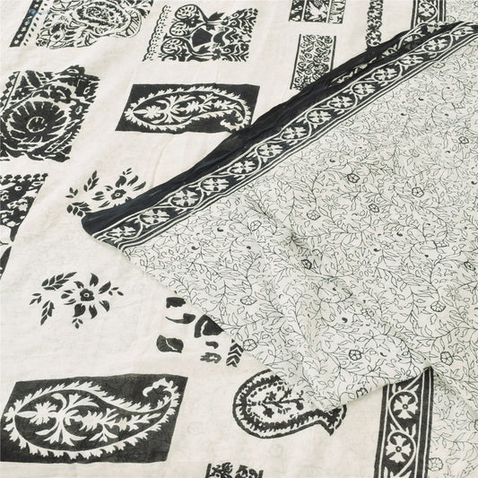 Sanskriti Vintage Sarees Indian White Pure Cotton Printed Sari 5yd Craft Sustainable Fabric