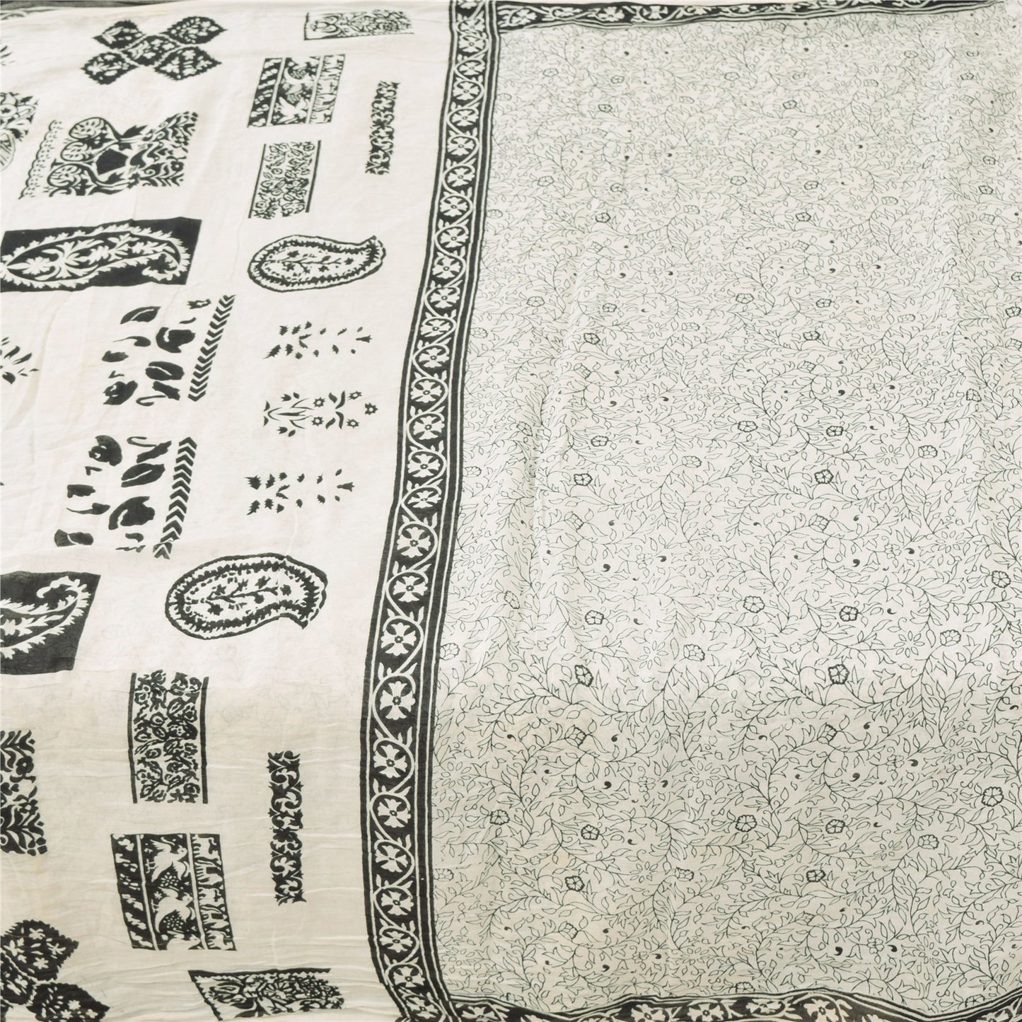 Sanskriti Vintage Sarees Indian White Pure Cotton Printed Sari 5yd Craft Sustainable Fabric