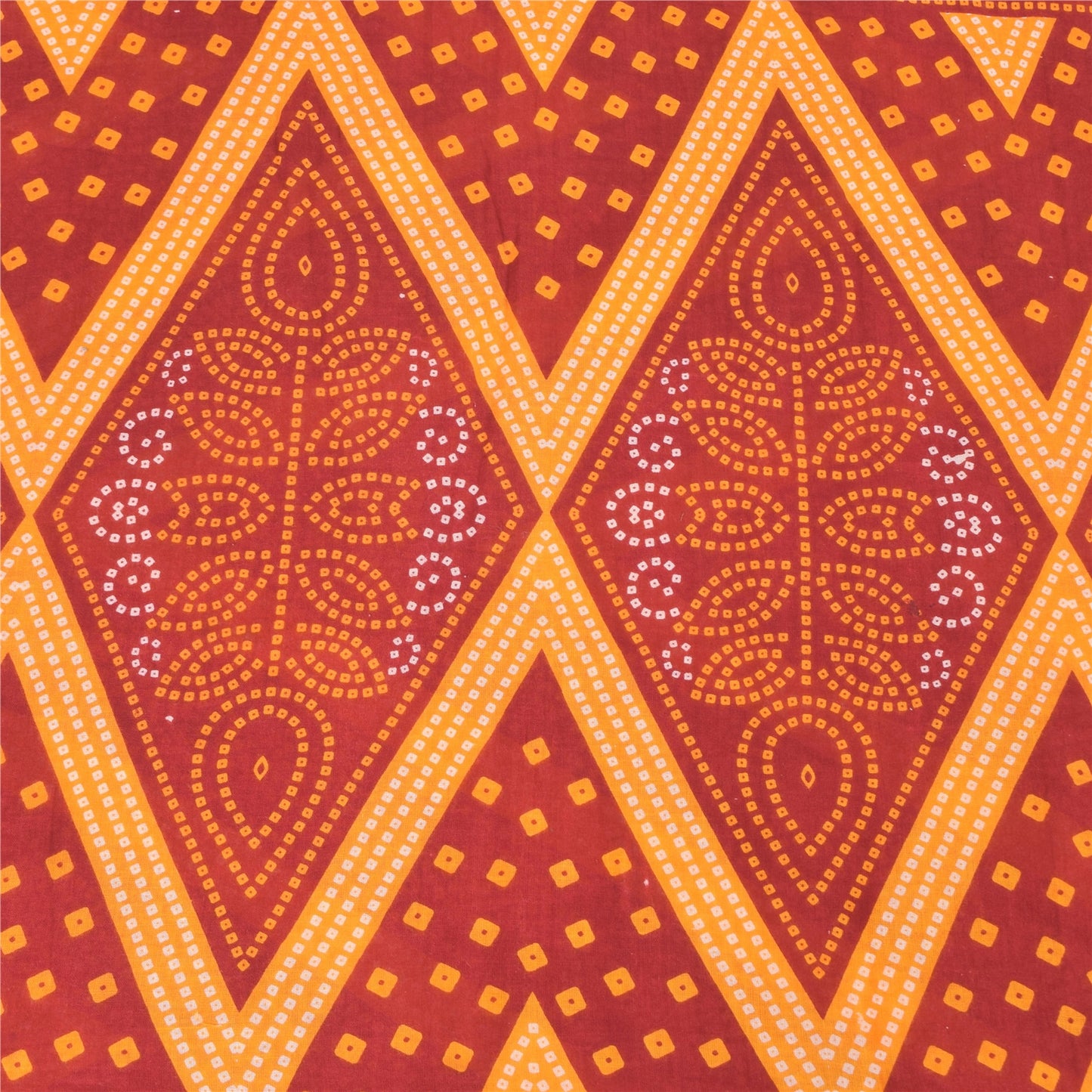 Sanskriti Vintage Sarees Red/Yellow Bandhani Printed Pure Cotton Sari 5yd Sustainable Fabric