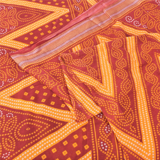 Sanskriti Vintage Sarees Red/Yellow Bandhani Printed Pure Cotton Sari 5yd Sustainable Fabric