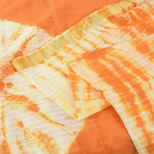 Sanskriti Vintage Sarees Orange/Ivory Tie-Dye Pure Cotton Sari 5yd Craft Sustainable Fabric