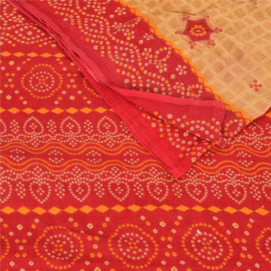 Sanskriti Vintage Sarees Brown/Red Bandhani Pure Cotton Printed Sari 5yd Sustainable Fabric