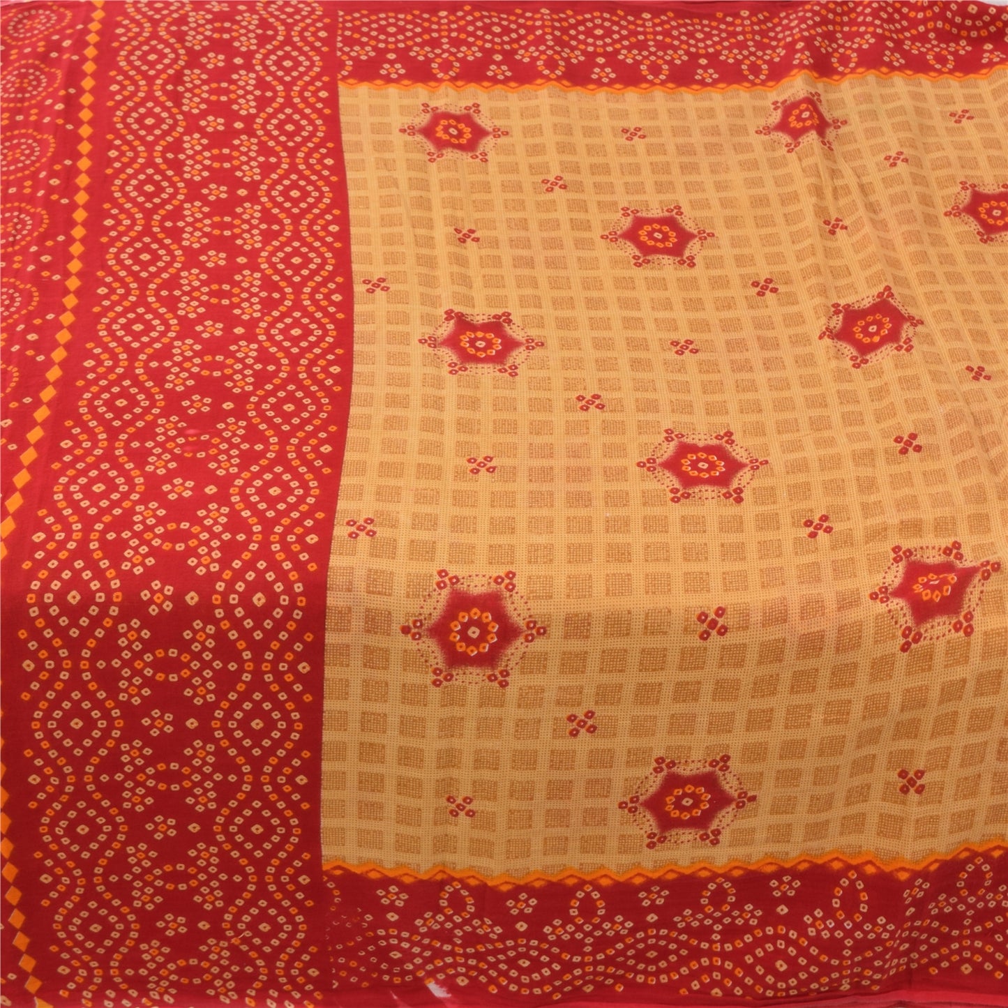 Sanskriti Vintage Sarees Brown/Red Bandhani Pure Cotton Printed Sari 5yd Sustainable Fabric