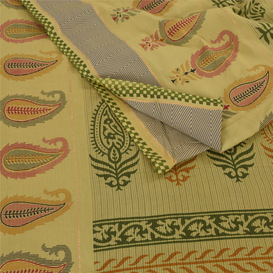 Sanskriti Vintage Sarees Block Printed Cream/Green Pure Cotton Sari 5yd Sustainable Fabric