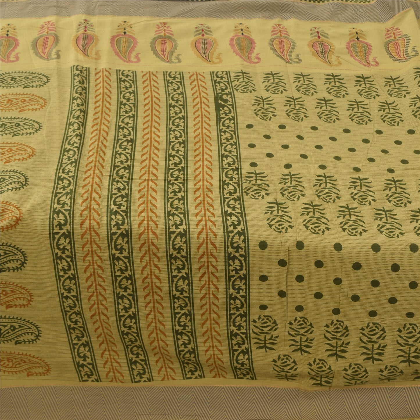 Sanskriti Vintage Sarees Block Printed Cream/Green Pure Cotton Sari 5yd Sustainable Fabric