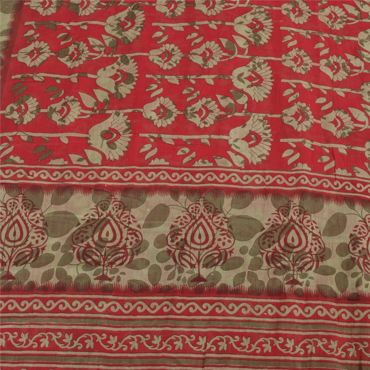 Sanskriti Vintage Sarees From India Red Pure Cotton Print Sari 5yd Craft Fabric