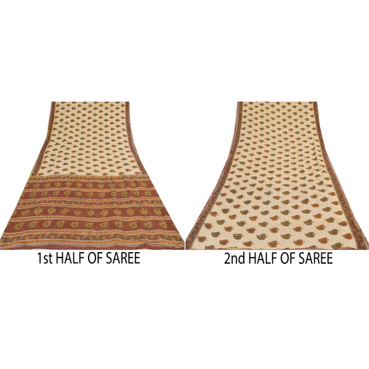 Sanskriti Vintage Sarees Cream/Brown Pure Cotton Printed Sari 5yd Craft Sustainable Fabric