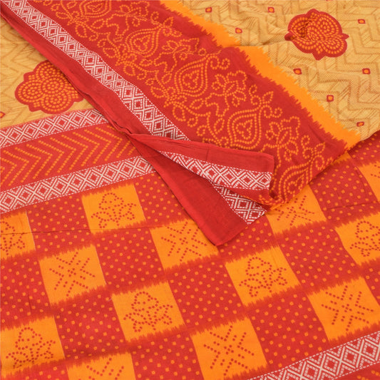 Sanskriti Vintage Sarees Red/Beige Pure Cotton Bandhani Print Sari Craft Sustainable Fabric