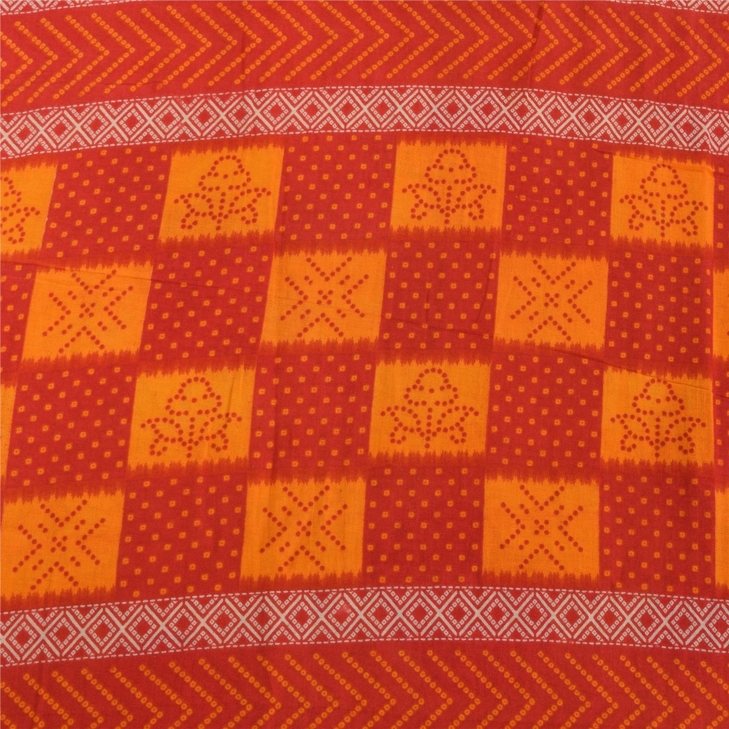 Sanskriti Vintage Sarees Red/Beige Pure Cotton Bandhani Print Sari Craft Sustainable Fabric