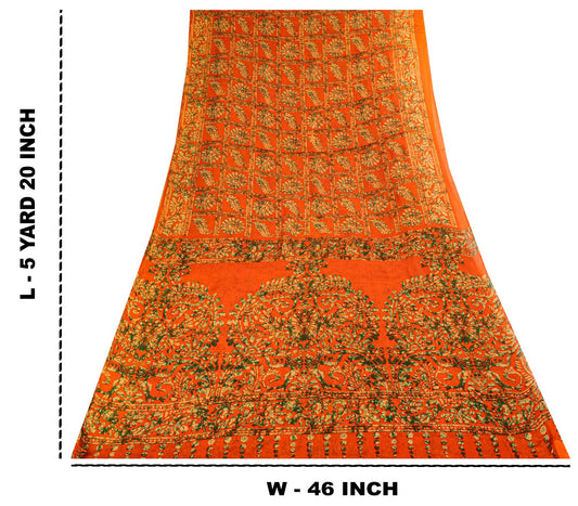 Sanskriti Vintage Saree Orange Pure Cotton Batik Print Craft Fabric 5.5+YardSari
