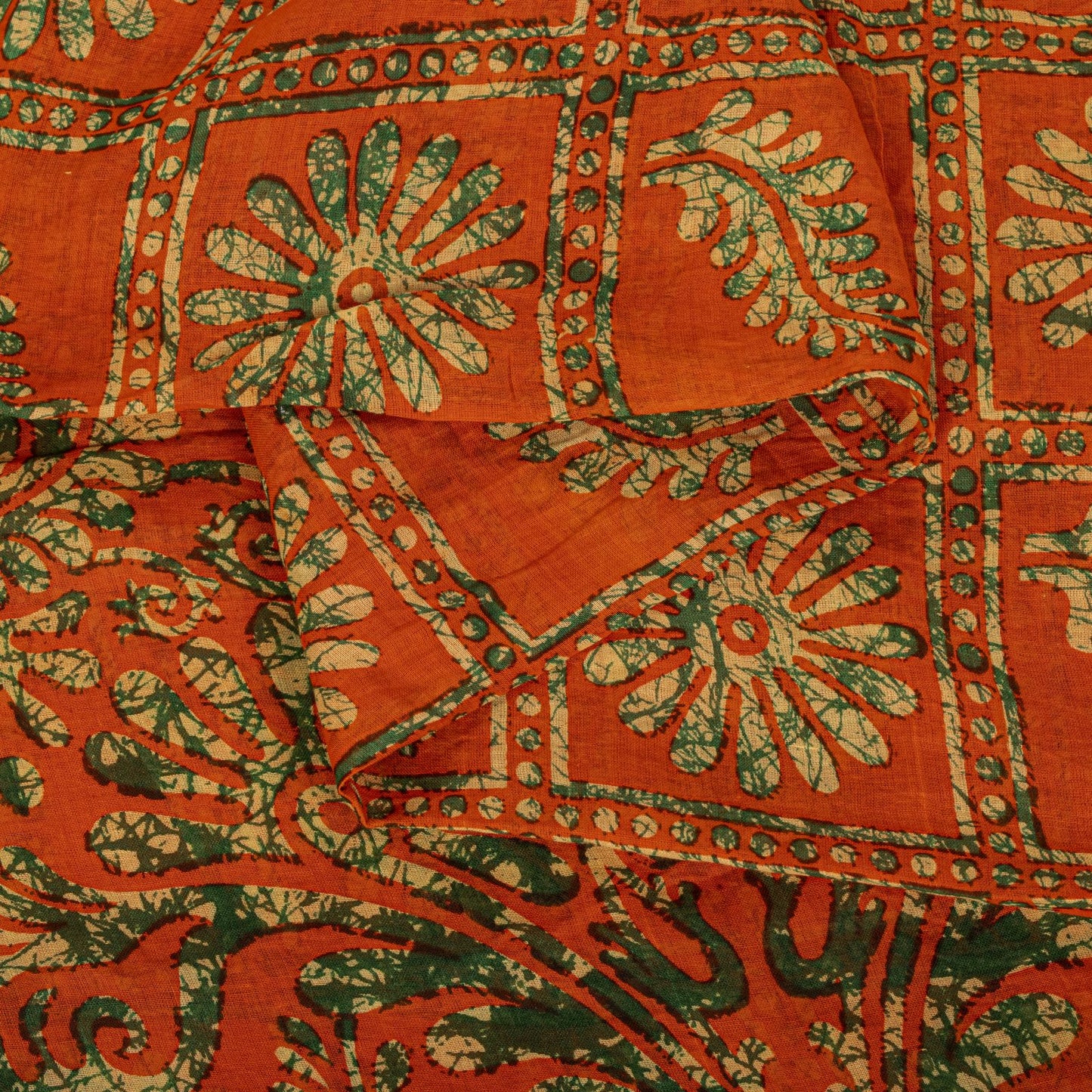Sanskriti Vintage Saree Orange Pure Cotton Batik Print Craft Fabric 5.5+YardSari