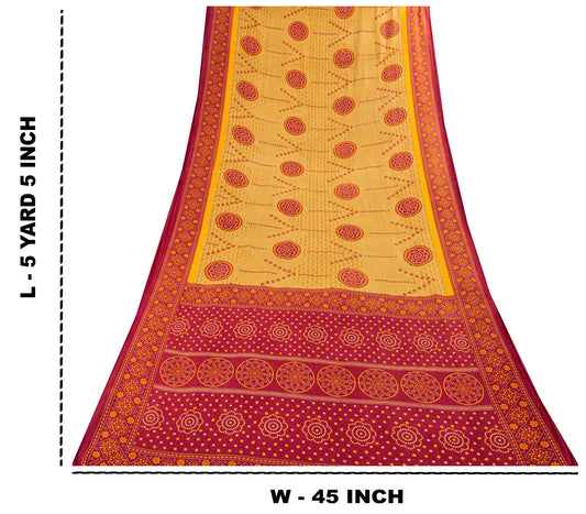 Sanskriti Vintage Saree Yellow 100% Pure Cotton Bandhani Print Craft Fabric 5+Yard Sari