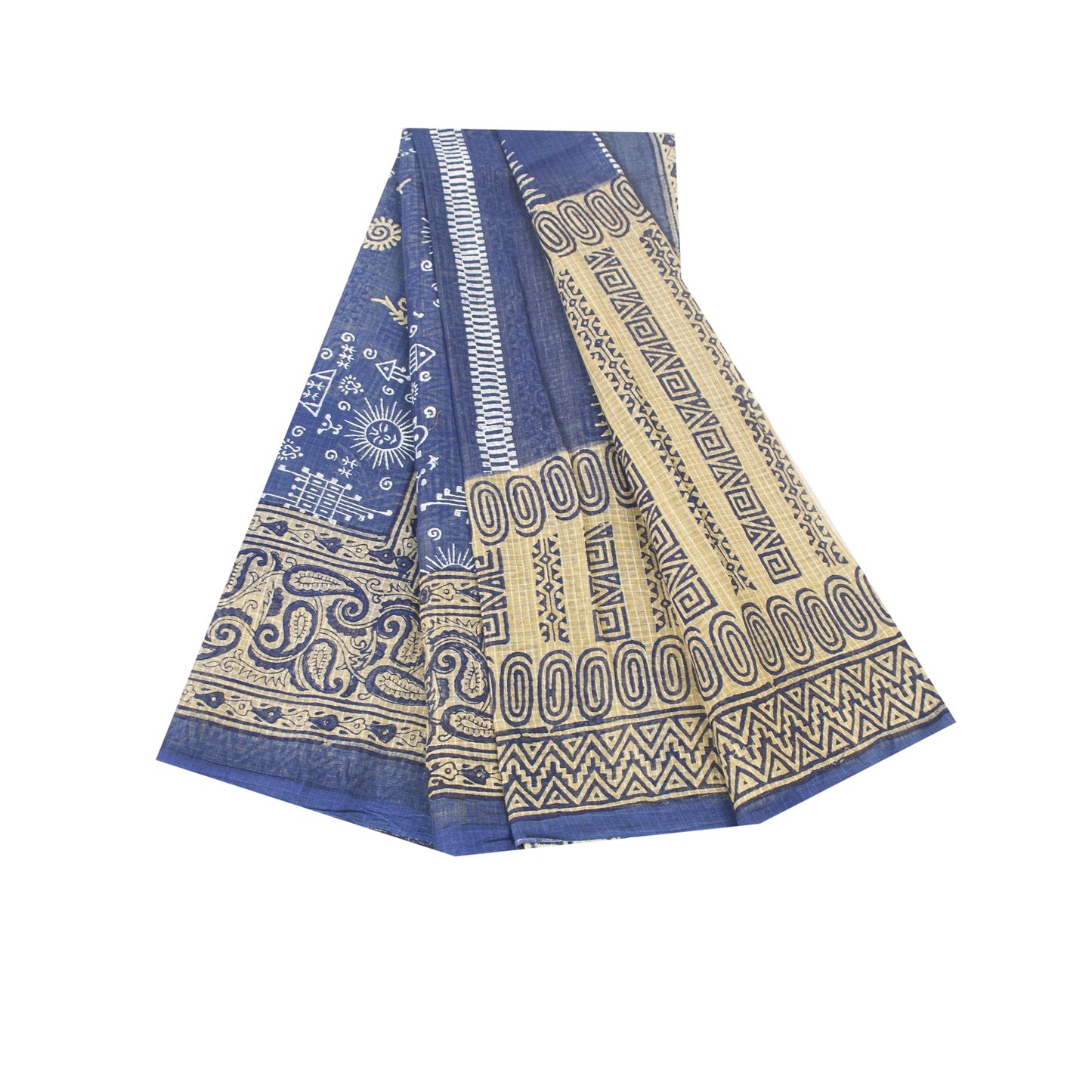 Sanskriti Vintage Sarees Blue & Cream 100% Pure Cotton Geometric Print 5+YD Sari