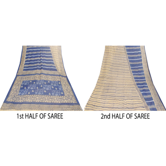 Sanskriti Vintage Sarees Blue & Cream 100% Pure Cotton Geometric Print 5+YD Sari