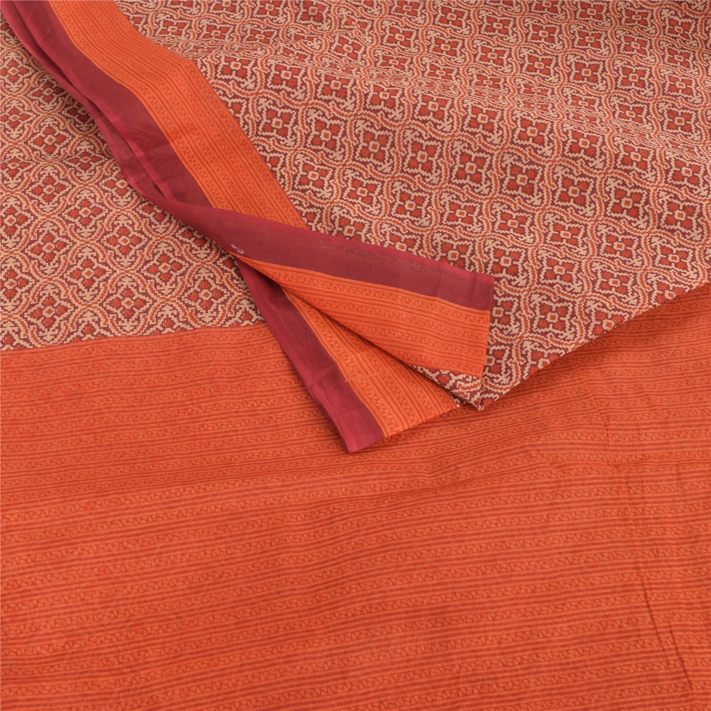 Sanskriti Vintage Sarees Red/Orange Pure Cotton Printed Sari 5yd Craft Sustainable Fabric