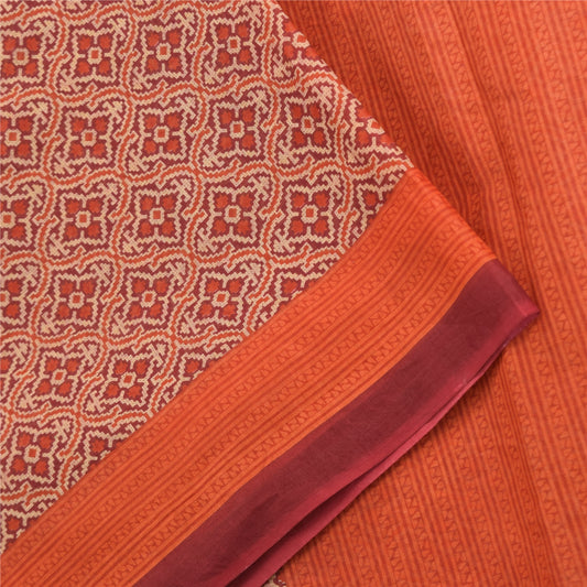 Sanskriti Vintage Sarees Red/Orange Pure Cotton Printed Sari 5yd Craft Sustainable Fabric