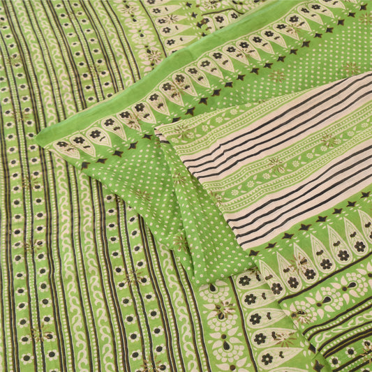 Sanskriti Vintage Sarees Indian Green Pure Cotton Printed Sari 5yd Craft Sustainable Fabric