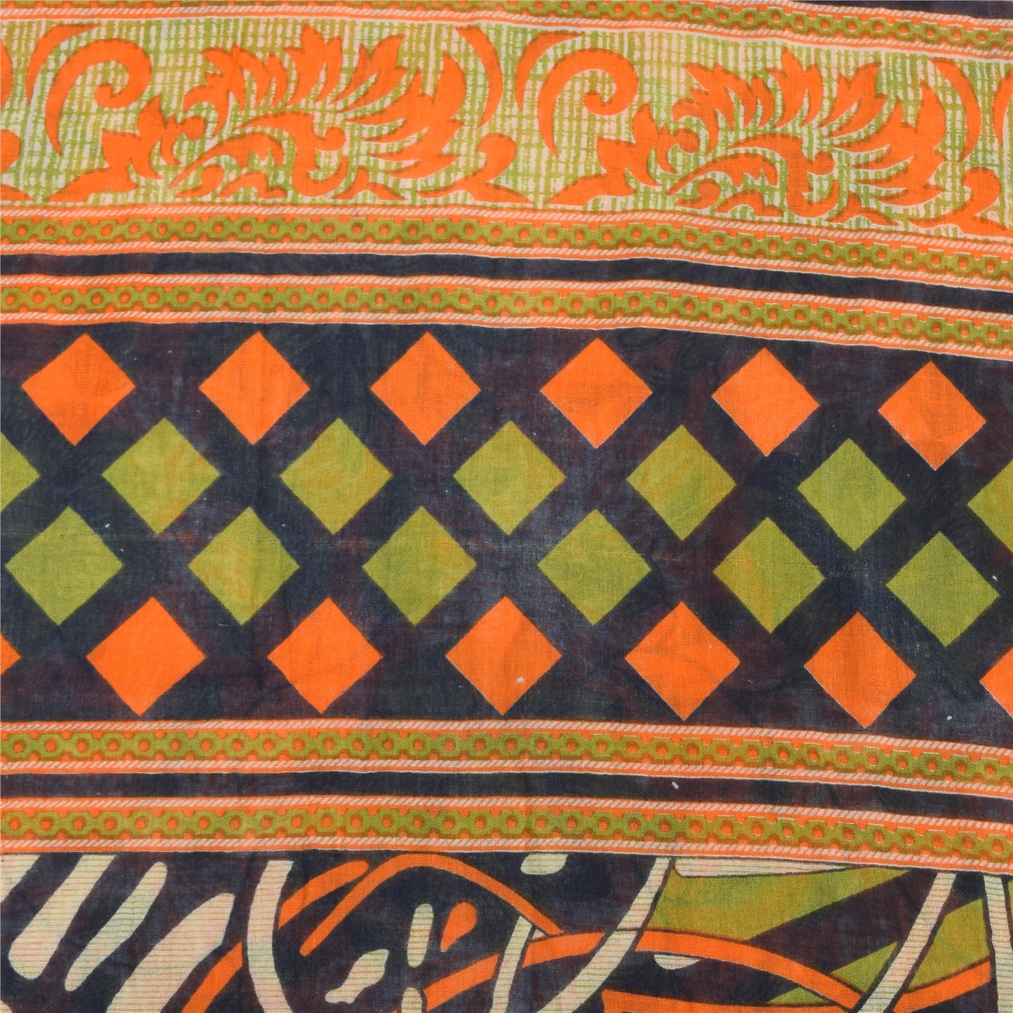 Sanskriti Vintage Sarees Orange/Green Pure Cotton Printed Sari 5yd Craft Sustainable Fabric