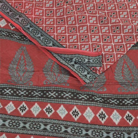 Sanskriti Vintage Sarees Red Indian Pure Cotton Printed Sari 5yd Craft Sustainable Fabric