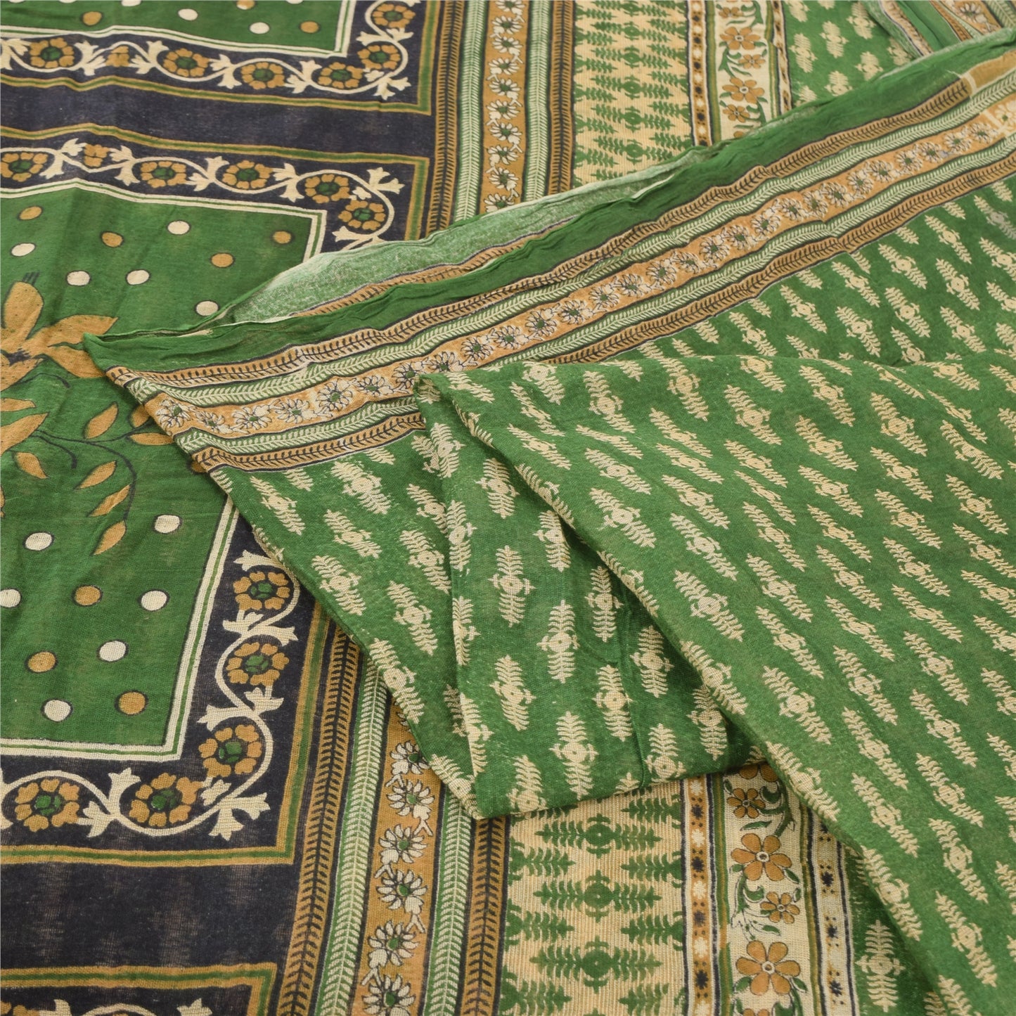 Sanskriti Vintage Sarees Indian Green Pure Cotton Printed Sari 5yd Craft Fabric