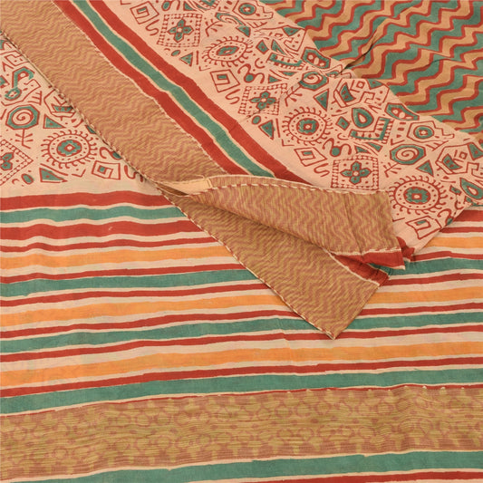 Sanskriti Vintage Sarees Peach/Green Pure Cotton Printed Sari 5yd Craft Fabric