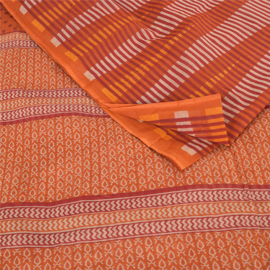 Sanskriti Vintage Sarees Indian Orange Pure Cotton Printed Sari 5yd Craft Sustainable Fabric