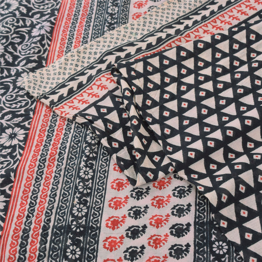 Sanskriti Vintage Sarees Black Pure Cotton Hand Block Printed Sari Craft Sustainable Fabric