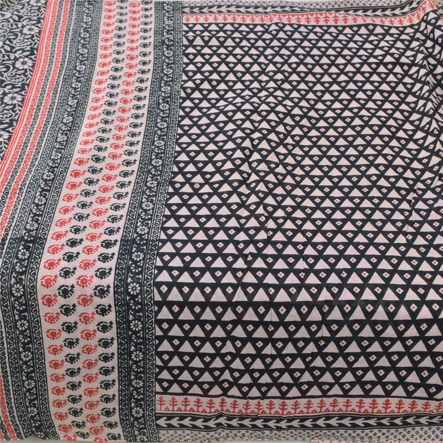 Sanskriti Vintage Sarees Black Pure Cotton Hand Block Printed Sari Craft Sustainable Fabric