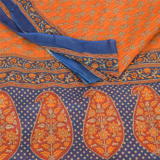 Sanskriti Vintage Sarees Indian Orange Pure Cotton Printed Sari 5yd Craft Fabric