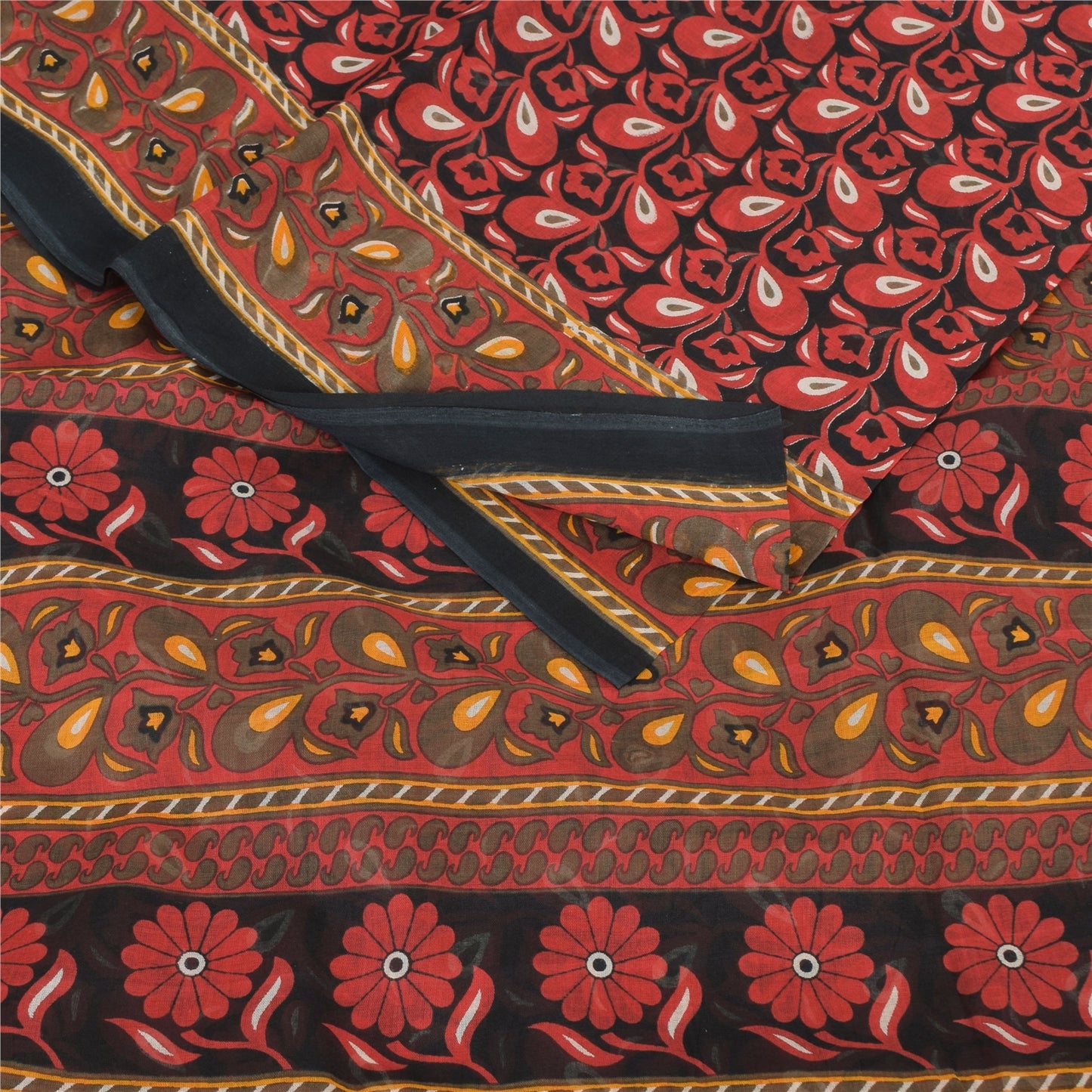 Sanskriti Vintage Sarees Red/Black 100%Pure Cotton Printed Sari 5yd Craft Fabric