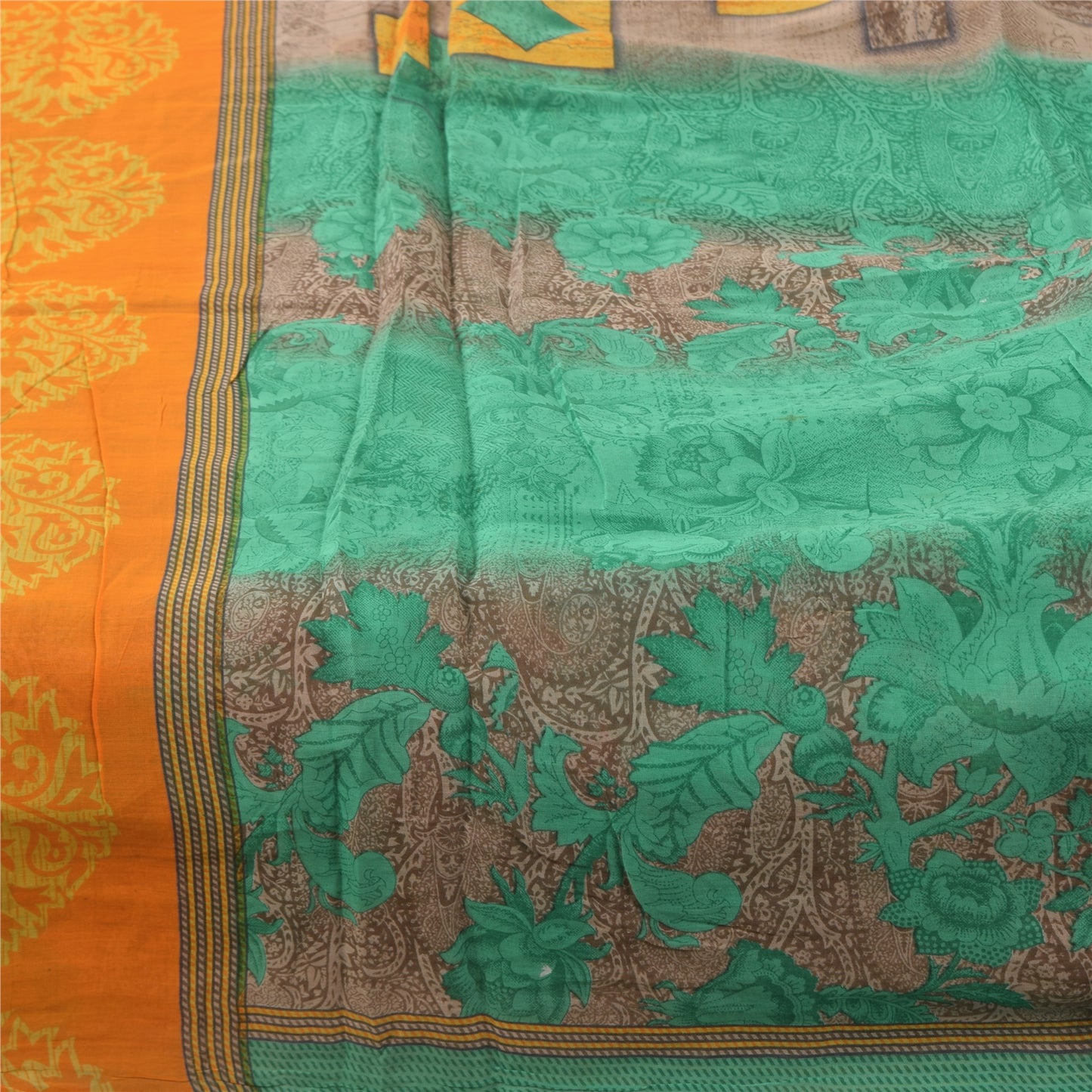 Sanskriti Vintage Sarees Green 100% Pure Cotton Printed Sari 5+yd Craft Sustainable Fabric