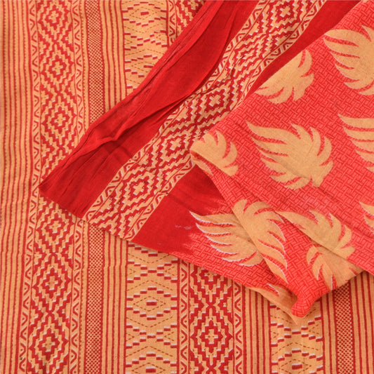 Sanskriti Vintage Sarees Coral/Red Pure Cotton Printed Sari 5+yd Craft Sustainable Fabric
