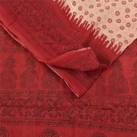 Sanskriti Vintage Sarees Peach/Red Pure Cotton Printed Sari 5+yd Craft Sustainable Fabric