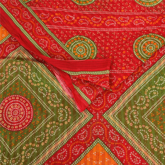 Sanskriti Vintage Sarees Red/Green Bandhani Printed Pure Cotton Sari 5+yd Sustainable Fabric