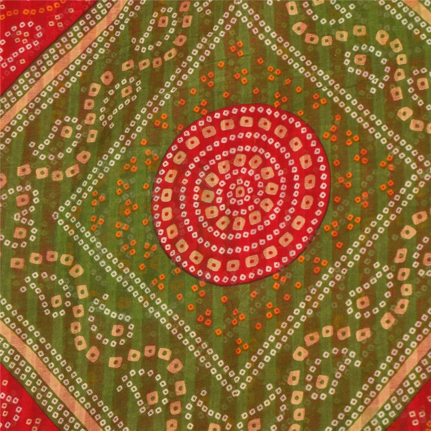Sanskriti Vintage Sarees Red/Green Bandhani Printed Pure Cotton Sari 5+yd Sustainable Fabric