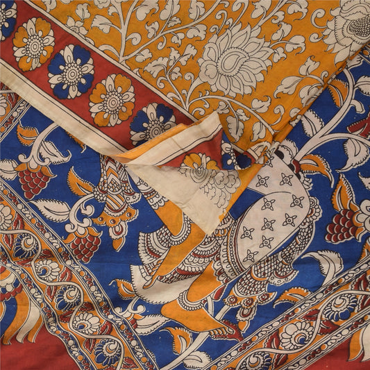 Sanskriti Vintage Sarees Red Kalamkari Handmade Pure Cotton Sari 5+yd Sustainable Fabric